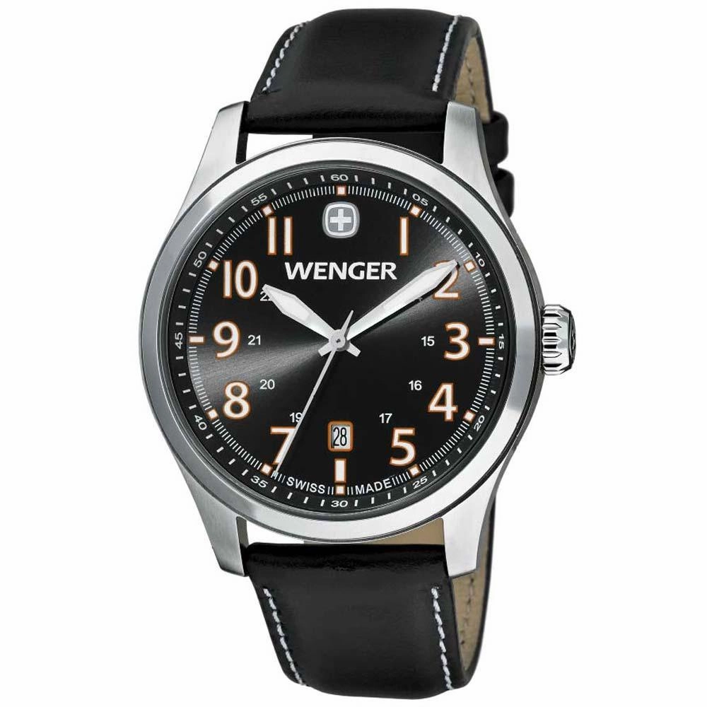 Wenger 0541.104 Men's Terragraph Orange Accents Black Dial Black Leather Strap Watch