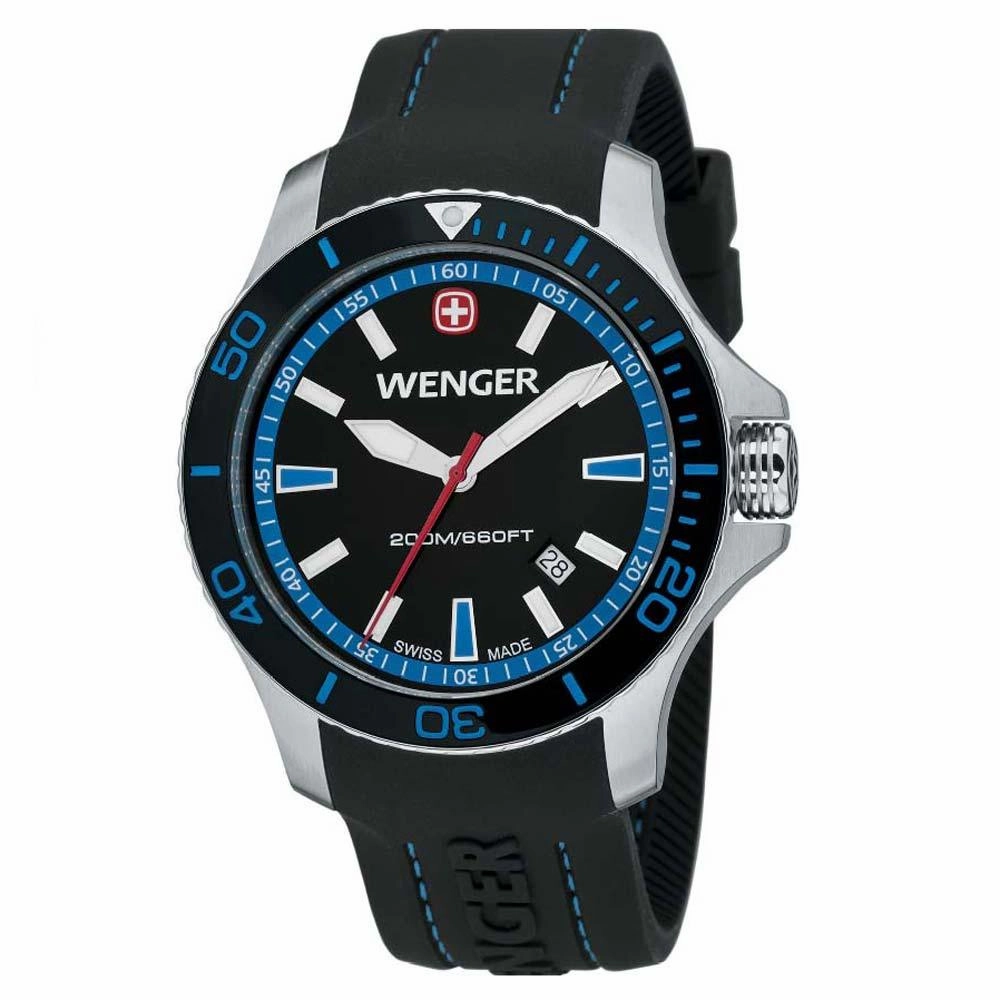 Wenger 0641.104 Men's Sea Force Blue Accents Black Dial Silicon Rubber Strap Watch