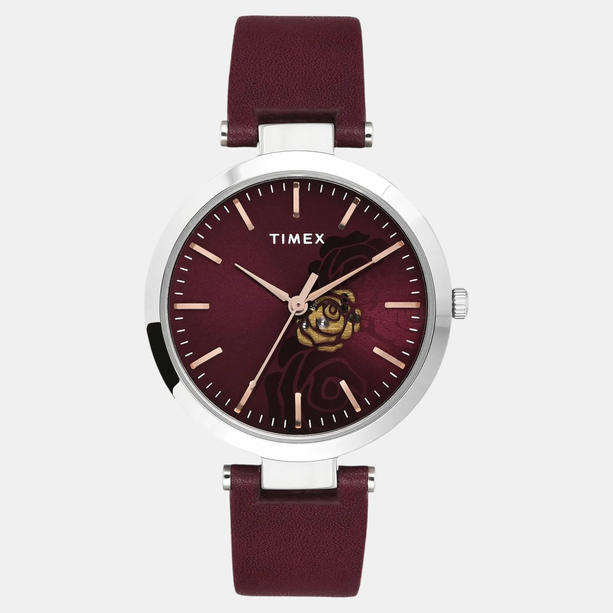 Women Quartz Burgundy Dial Analog Leather Watch TW000X245
